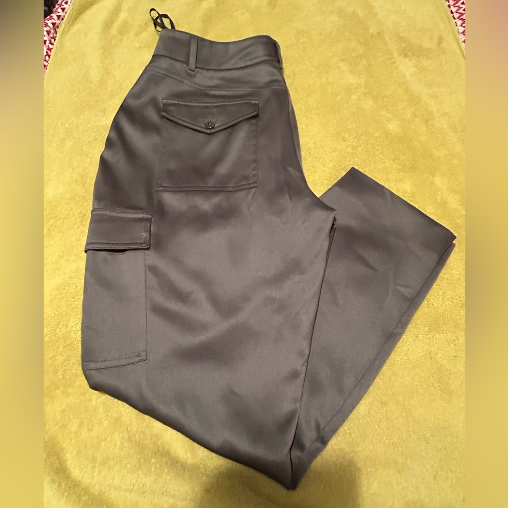 NWOT White House Black Market Grey Tapered ankle satin cargo pants.